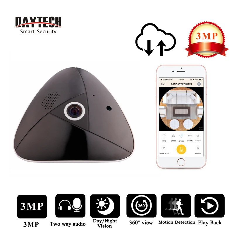 

DAYTECH 3MP Panoramic Camera Wireless IP Camera WiFi Surveillance 360 Degree Fisheye CCTV Monitor Two Way Audio IR Night Vision