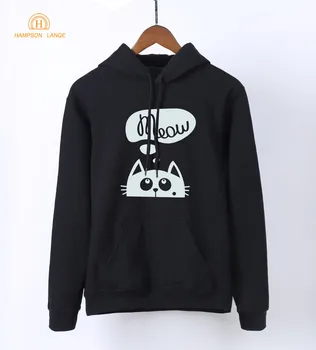 

Meow Kawaii Cat Print Sweatshirts For Women 2019 Spring Autumn Women's Tracksuit Warm Fleece Black White Gray Pink Blue Hoodie