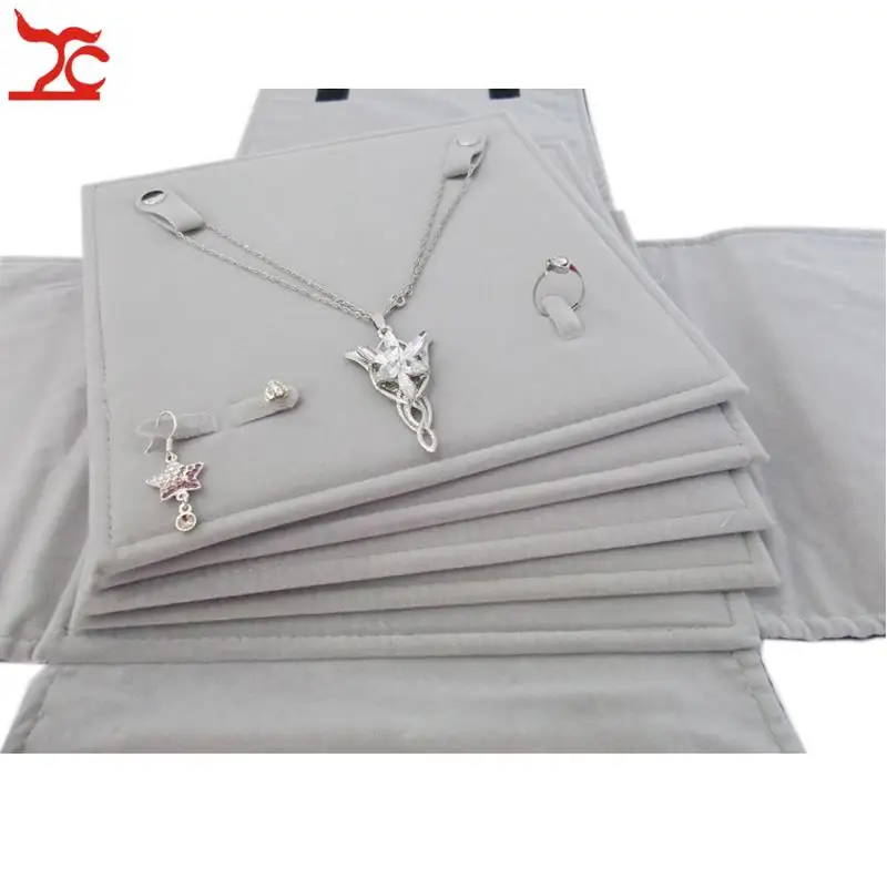 Portable Multi-functional Velvet Jewelry Display Storage Travel Roll Bag Organizer for Pendant Necklace Earrings Ring Set Holder