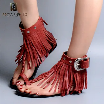 

Prova Perfetto 2018 Summer Shoes Woman Sexy Peep Toe Hollow Out Sandals Female Real Leather Woven With Tassel Sandals Rome Shoe