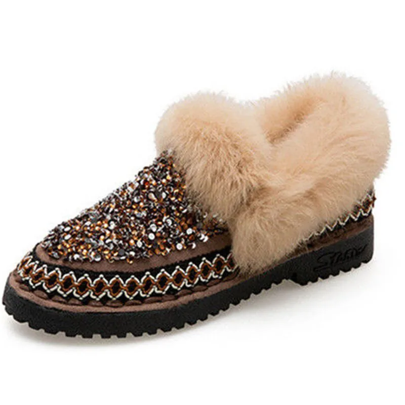 

YOUBROER Fur Ladies with Velvety Warm Winter Style Short Tube with Sequined Scoop Shoes Flat with Beanie Boots