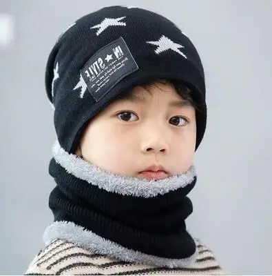 MAERSHEI/ г., детская зимняя Балаклава, шапки бини, вязаная шапка и шарф для От 3 до 12 лет, шапки для мальчиков и девочек, детская шапка, Лыжная шапка - Цвет: Black  star