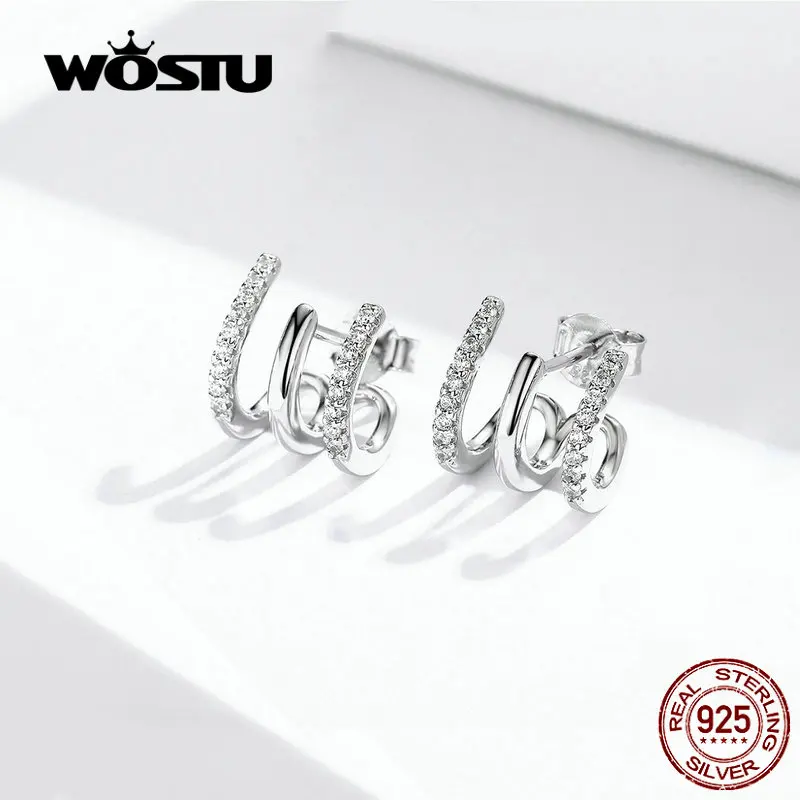 

WOSTU Three-Layer Twisted Design Stud Earrings 100% 925 Sterling Silver Rotation Square Zircon Fashion Earrings For Women FIE585