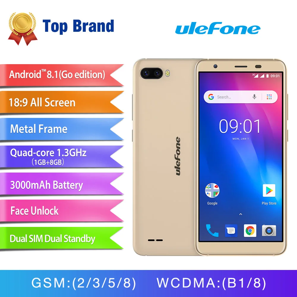 Ulefone S1 Face ID Android 8,1 смартфон 5,5 ''18:9 Экран двойной сзади Камера мобильного телефона mt6580 четыре ядра 3g 3000 мАч сотовый телефон