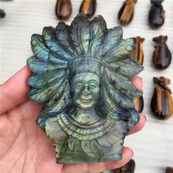 

Flashing Natural Labradorite Crystal Chief Statue Hand Made Carved Crystal Fashion Carved Figurine Home Decoration Gifts
