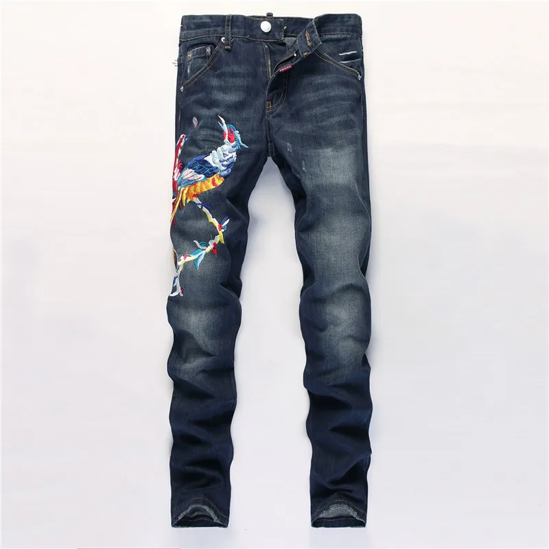 ФОТО Tide Brand jeans High-end Personality embroidery phoenix small straight figure pants 374 Top quality Men's Jeans