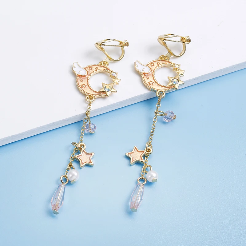 Korean Creative Clip On Earrings Cute Blue Universe Moon Star Asymmetric Long Tassel for Girl Women Without Piercing ear clip earrings,clip earrings,ear clip,ear accessories