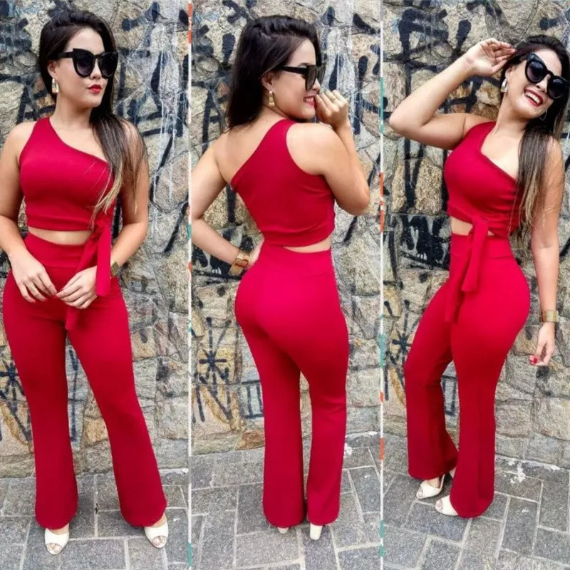 Sexy 2 Piece Set Women One Shoulder Crop Top And Wide Leg Pant Suits 2 Piece Set Summer Outfits Women's Sets