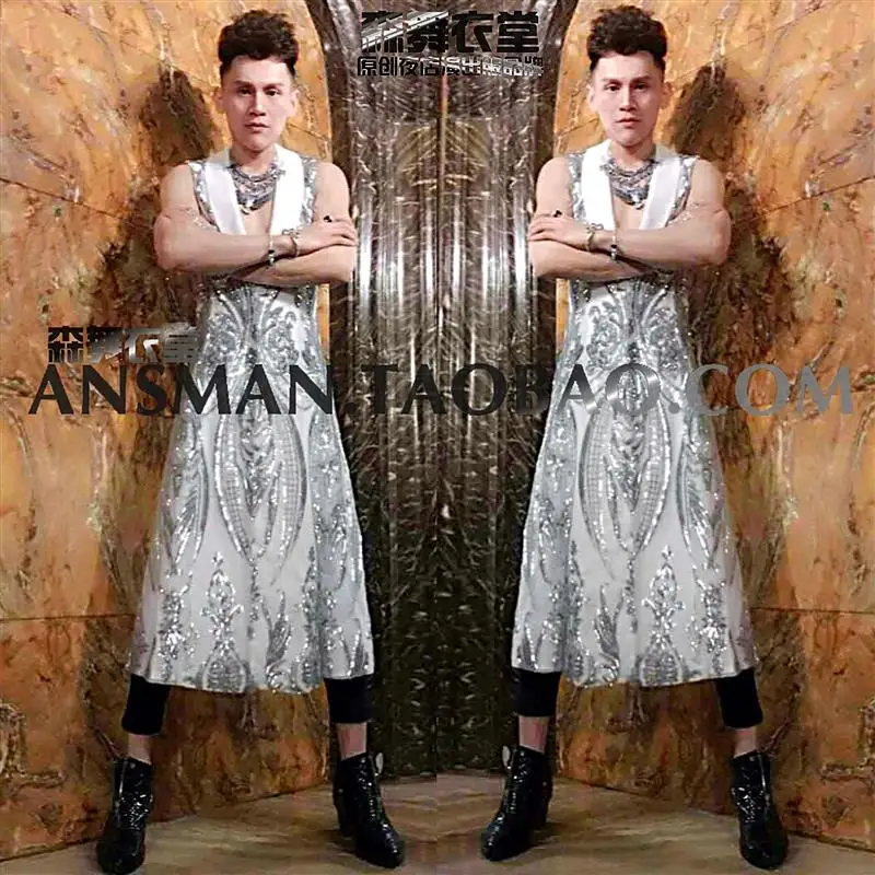 

M-XXL Male stage DJDG hair stylist tide models embroidery long umbrella sleeveless jacket singer costumes show jacket