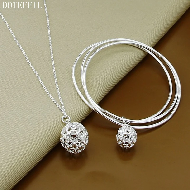 

925 Silver Color Fashion Necklaces Bracelets Jewelry For Women Nickle Free Round Hollow Ball Necklaces Bracelets Jewelry Set