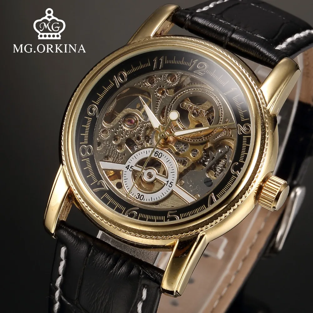 Automatic Luxury Gold Skeleton font b Mechanical b font Watch Men Mg orkina Black Leather Mens