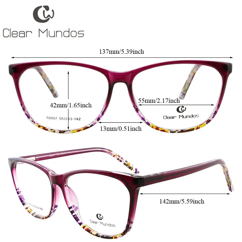 CLEAR MUNDOS Fashionable Glasses Spring Hinge Frames TR90 with Colorful Flowers Glasses Transparent lens Eyeglasses for T8007