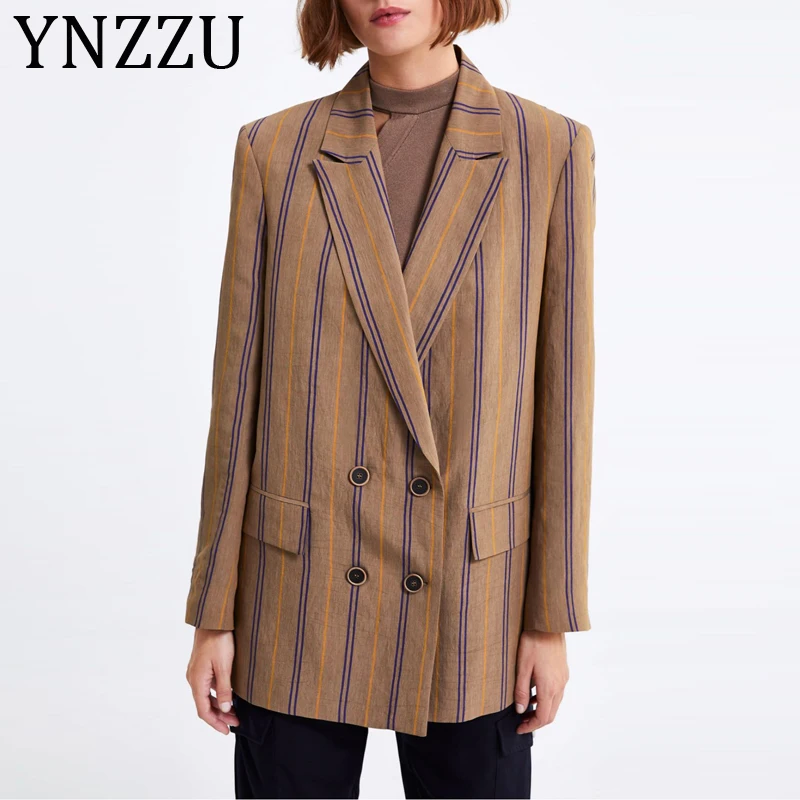 

YNZZU Striped Notched Collar Double Breasted Blazer Women New Spring Elegant Long Sleeve Loose Female Jacket Work Coats AO966