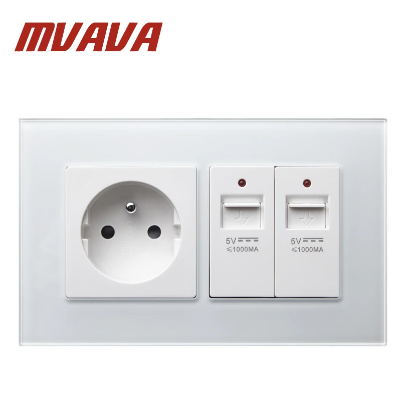 

MVAVA White Crystal Panel AC250V Wall French Power Wall Socket With USB Socket Double FR Standard Socket And USB Socket
