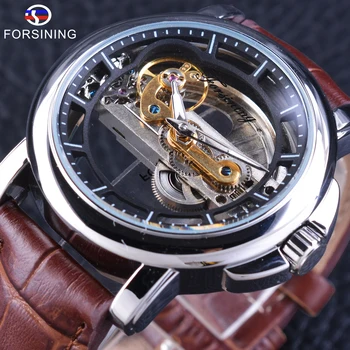 

Forsining Mechanical Wrist Watch Men's Automatic Self-wind Watch Waterproof Openwork Clock Brown Genuine Leather Sport Watches