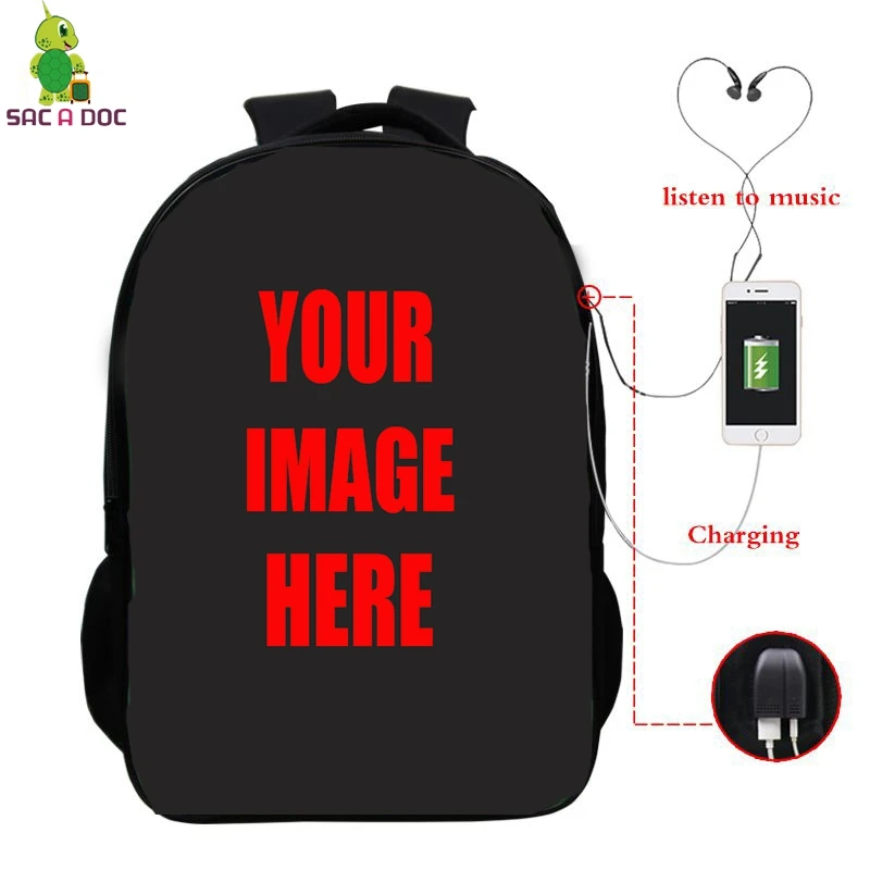 تخصيص صورتك حقائب الظهر محمول usb تهمة سماعة جاك الرجال سفر حقائب مدرسية للنساء