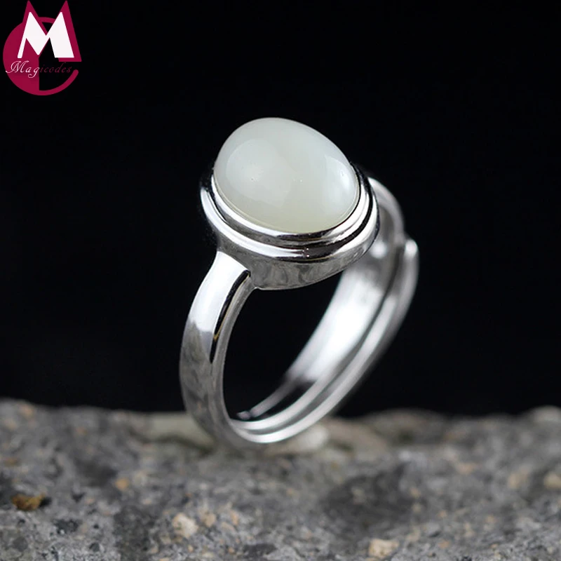 

Adjustable White Jade Simple Finger Ring Genuine 925 Sterling Silver Women Jewelry Oval Gemstone Engagement Wedding Ring SR82