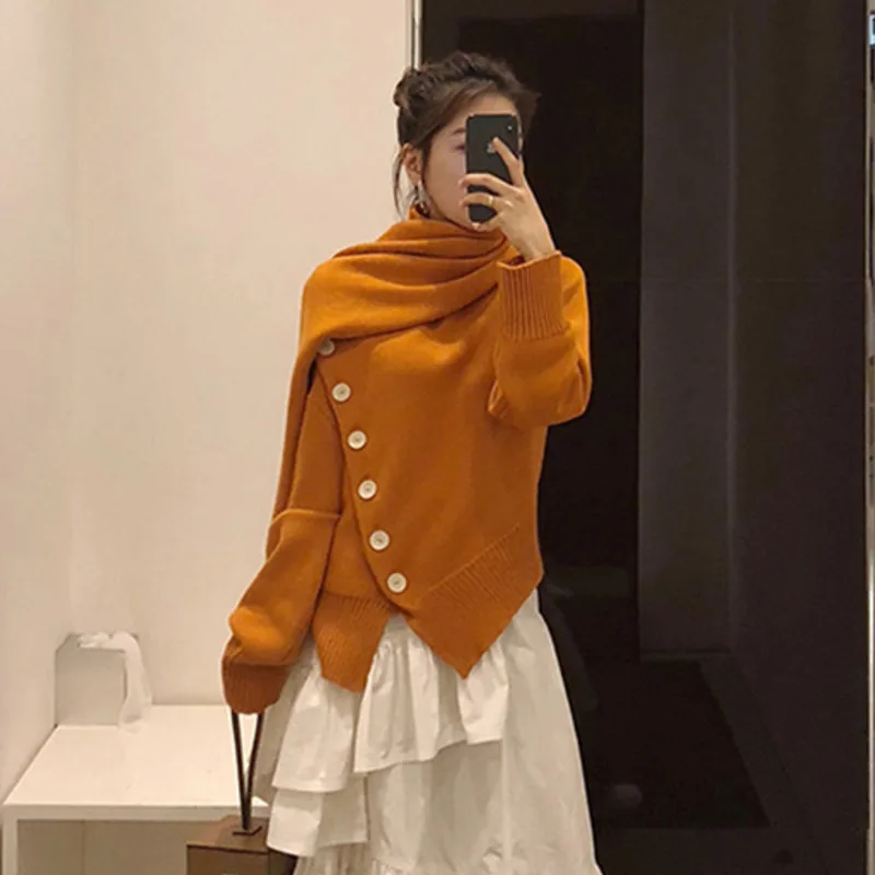 SHENGPALAE, ассиметричный пуловер, трикотаж для женщин, шарф, воротник, длинный рукав, свитер, Женский Повседневный модный джемпер, весна, FL356 - Цвет: orange