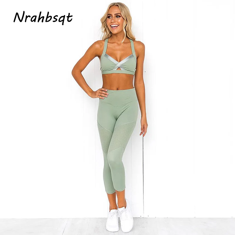 

NRAHBSQT Mint Green Seamless Yoga Set Sport Bra Top+Mesh Leggings Women 2 Pcs Sports Suits Fitness Clothing Sportswear YS151