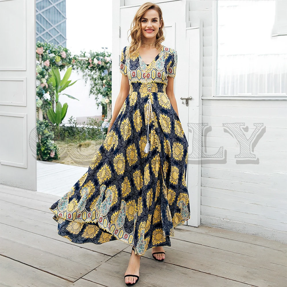 

CUERLY Boho chic high waist long dress women Button shirred floral casual dress female 2019 Beach summer dress maxi vestidos