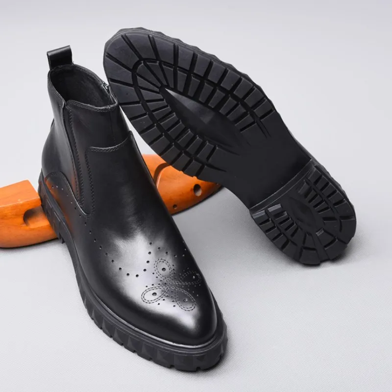 De Genuino Invierno Gruesa Zapatos Black Cuero La Negro Punta Plataforma Lujo Martin Tobillo Británico Hombres Tallado Los Brogue Botas 4wr4BfqEH