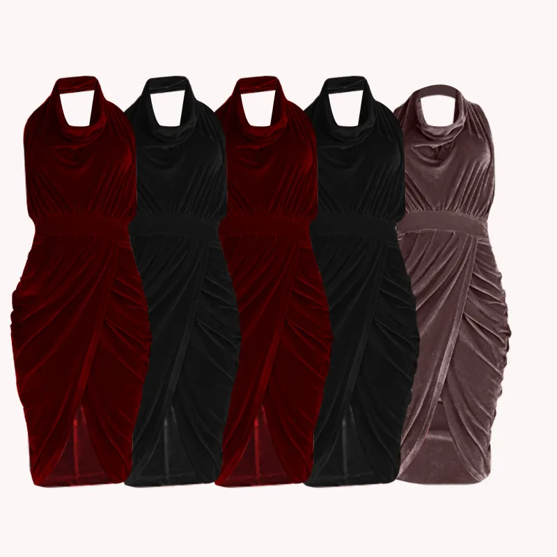 ShejoinSheenjoy Halter Sleeveless Autumn Dress Wrapped Split Backless Fold Sexy Women Dress Velvet Midi Party Dresses Clothing (2)