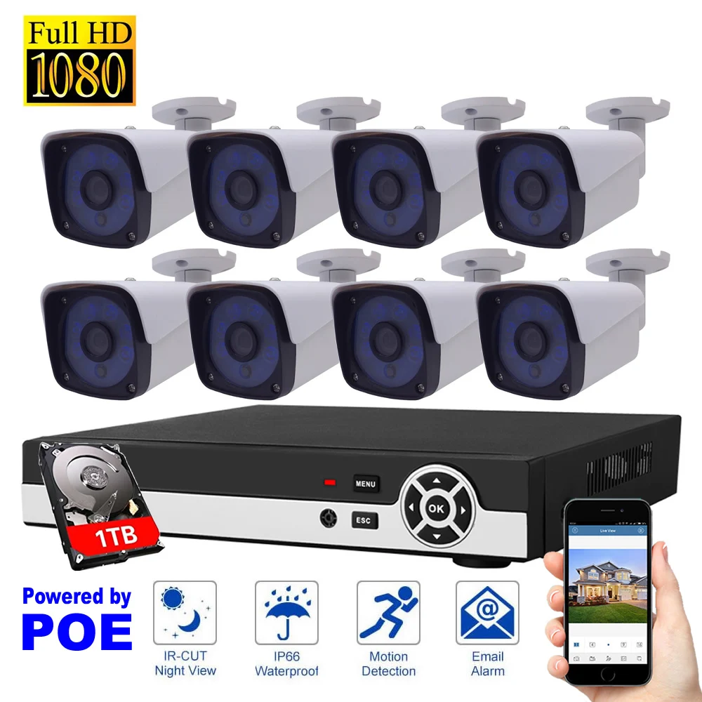 

8CH CCTV Camera System 1080P POE IP Camera System 1TB HDD Security System Motion Detection HDMI Home Surveillance System