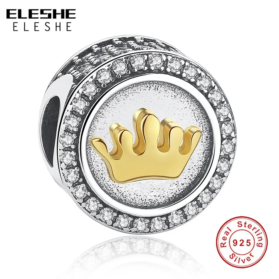 Fit Authentic ELESHE Bracelet Silver Charms 925 Original European Gold-color Crown Shape Crystal Charms Beads DIY Jewelry Gift