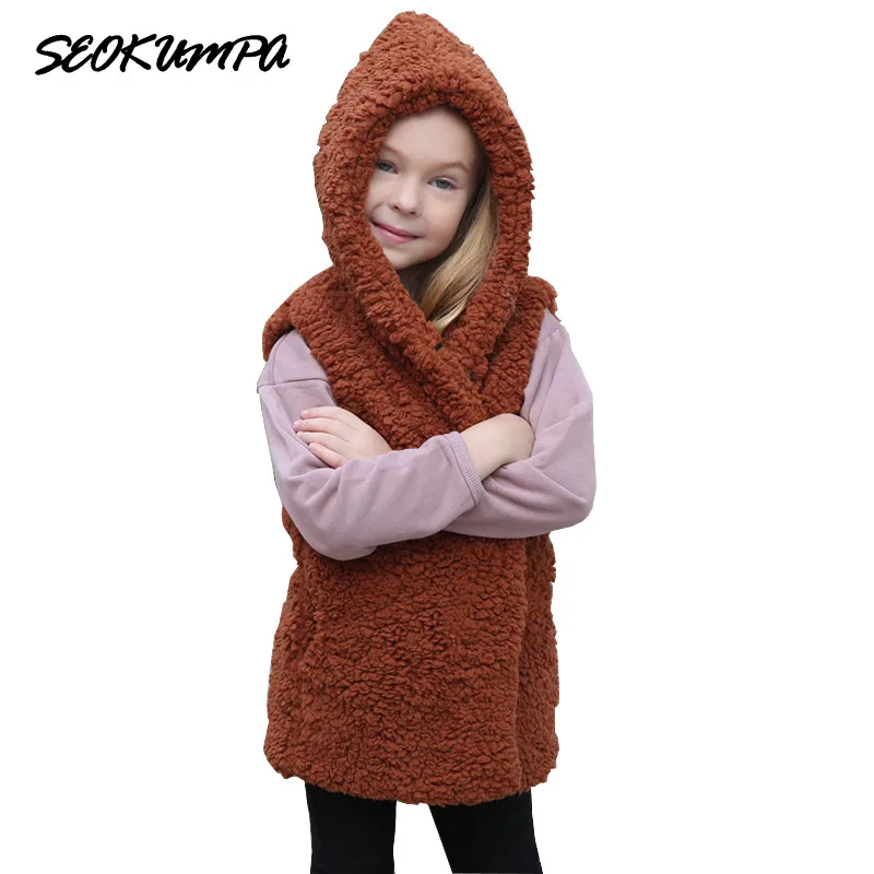 

Girl's Autumn Fur Outwear Hooded Vest 2017 Girls Faux Fur Vest Children Baby Fluff Thick Europe Style Out Coat Wholesale