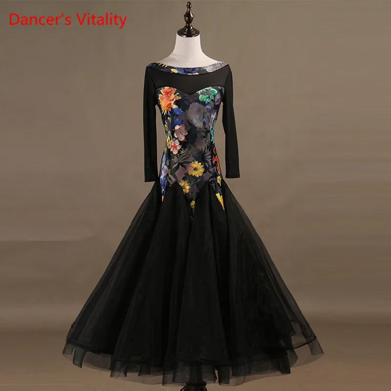 Бальных танцев платья одежда с длинным рукавом этап печати вальс Танцы большой свободное платье Для женщин конкурс бальных танцев костюмы
