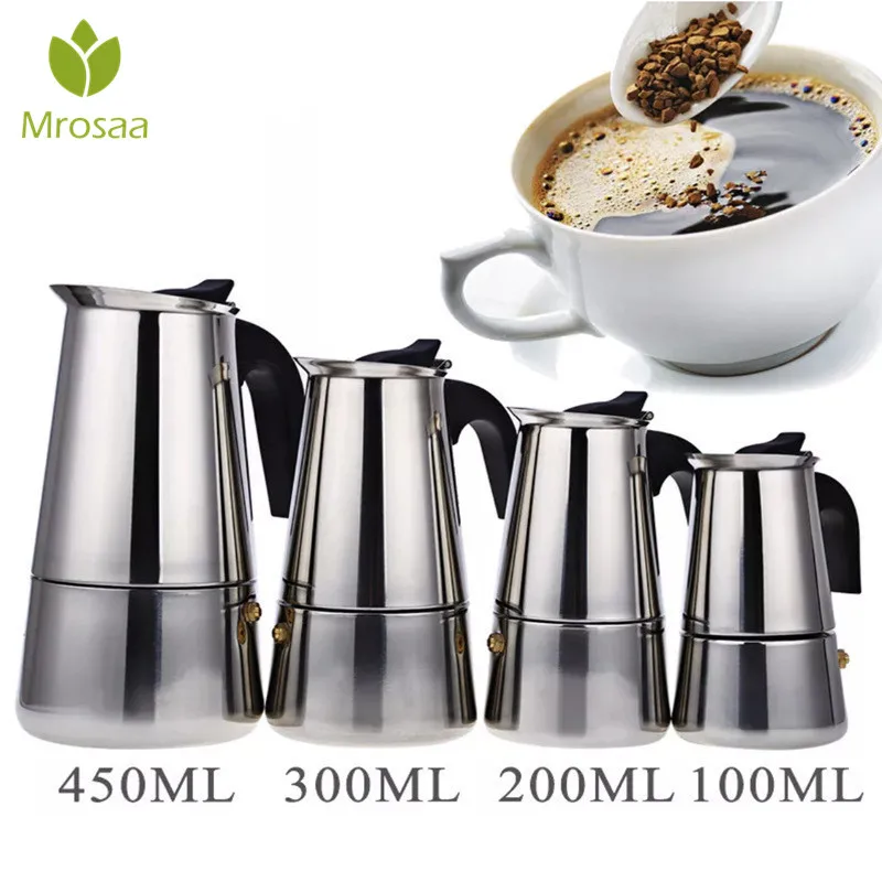 

Top Sale Stainless Steel Coffee Pot 100/200/300/450ML Moka Coffee Maker Teapot Mocha Stovetop Tool Filter Percolator Cafetiere