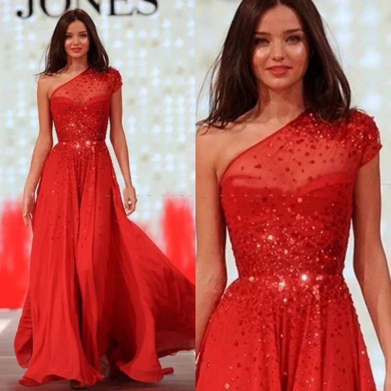 New-Arrival-1311P-Eye-catching-2017-A-line-One-shoulder-Heavy-Beaded-Chiffon-Puffy-Long-red