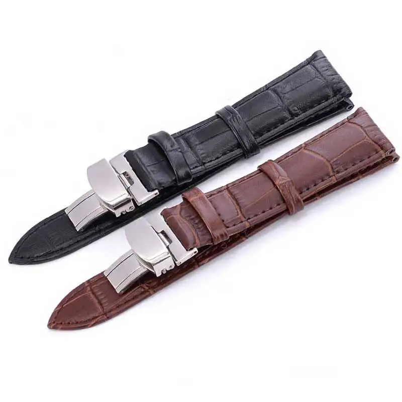 18mm 20mm 22mm 24mm Genuine Leather Polished strap butterfly stainless steel buckle folding watch