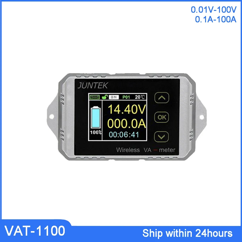 

JUNTEK VAT1100 100A Wireless Current Voltage Meter 12V 24V 48V Car Battery Coulomb Counter 100V Power/Watt/Time Tester
