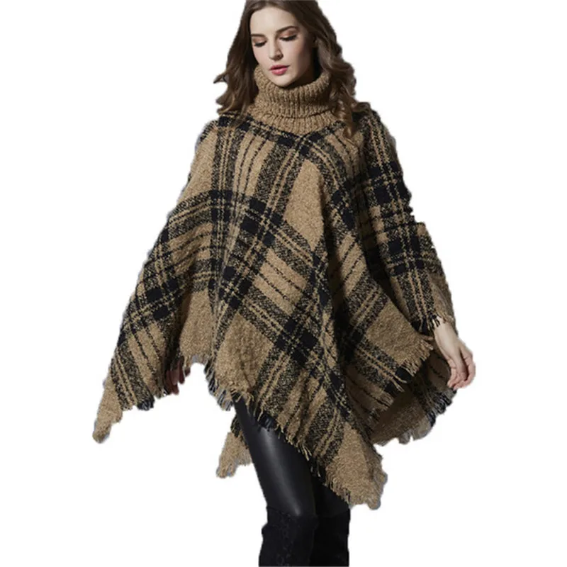 

High Neck Sweater Women's Medium Long Section Vintage Fringe Pattern Knitting Bat Shirt Autumn Winter Fashion Cloak Shawl A667