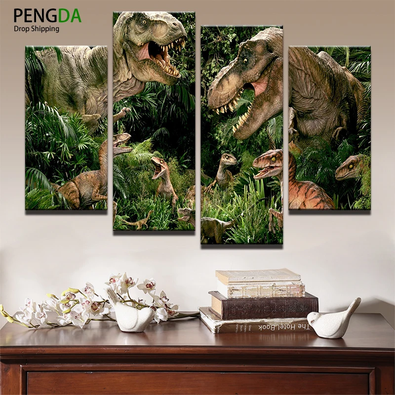 PENGDA Abstract Canvas Painting Jurassic Park Wall Art Oil Poster Frame Wall Pictures 4 Pieces