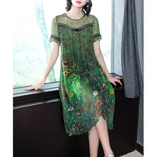 Vestido de seda Pavo Real Verde Vintage de alta calidad, vestidos de verano con estampado Floral de 2019, vestido de M-3XL de talla grande, vestidos con costura de encaje