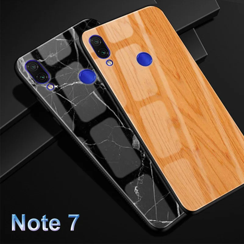 

For xiaomi redmi Note 7 case Wood grain tempered Glass + TPU Edge Hard back Cover redmi Note7 case Note 7 Stone pattern shell