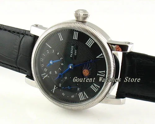 

43mm Parnis Date Black Embossed Dial GMT Hand Winding 6497 Men's Watch