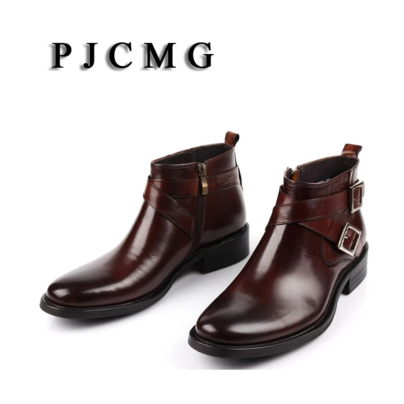 PJCMG/Новинка; слипоны с острым носком; мужские ботинки; мужские мотоциклетные ботинки из натуральной кожи; Мужская Рабочая обувь с высоким берцем