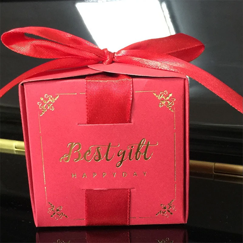 10pcs Gift Box Square Red Green Bronzing Candy Bag Wedding Favors Gift Ribbon Box Packages Birthday Party Favor Paper Bags 4