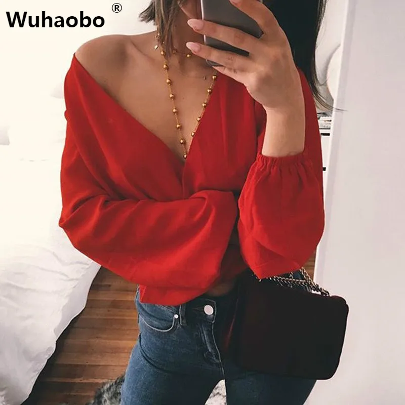 

Wuhaobo Summer Women Sexy Casual V Back Open Back Backless Wrap Blouse Female Crop Top V neck Long Sleeve Bow Shirts