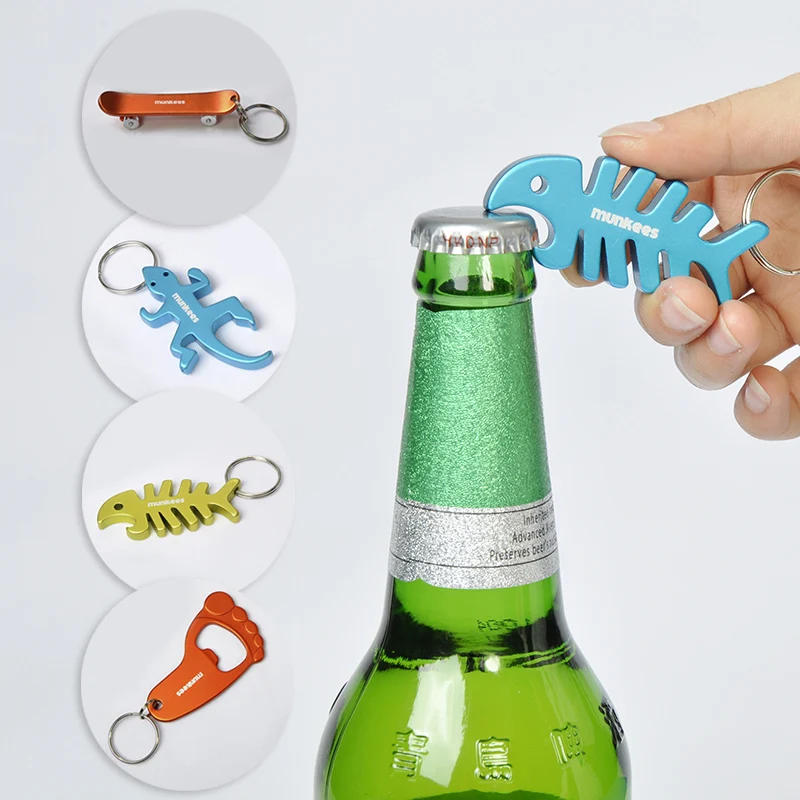 

Sorted Color Bottle Beer Opener Aluminum Lizard Fish Scooter Foot Keyring Portable Keychain Christmas Gift Adorable Mini