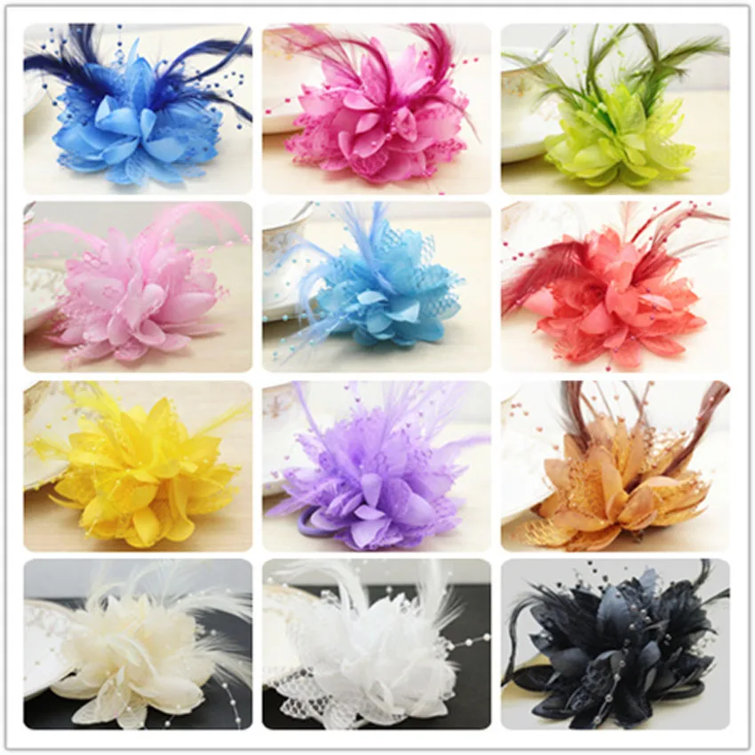

12 Colours NEW style FEATHER HEADBAND WRIST Flower Headdress Wedding Party Prom Corsage Pearl Lotus hair accessories