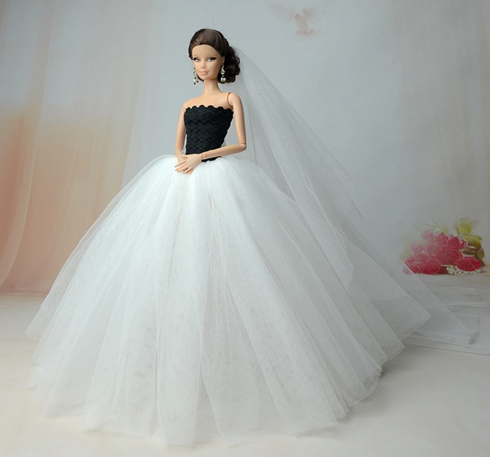 Свадебное платье с открытыми плечами и длинной вуалью для куклы Барби, одежда для 1/6 года, платье принцессы для куклы БЖД, дом для куклы Барби, детские игрушки для девочек