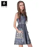 European Women fashion retro pocket embroidery stitching Denim Vintage Dress party Sexy personality Girl summer dresses vestidos
