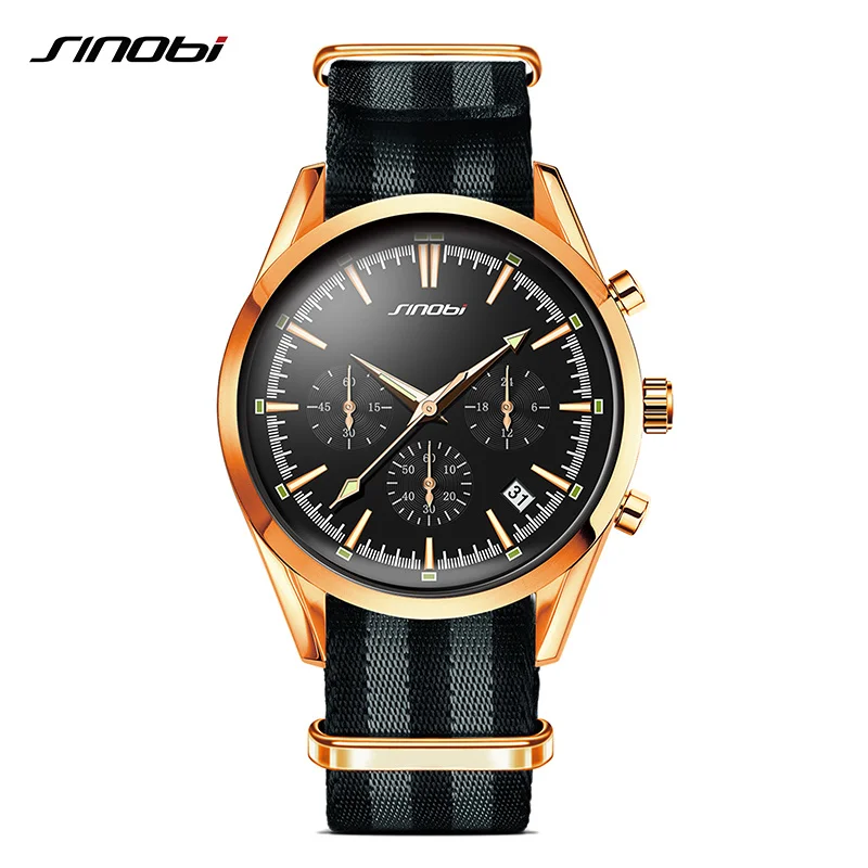 SINOBI часы Для мужчин Золотой спортивные наручные Часы хронограф плащ Военная Униформа НАТО нейлон ремешок для часов класса люкс Мужчины