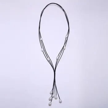 

Black Leather 10-11 mm String Pearl Necklace 68 cm Long, 5 Star Pendant 10.5 cm Long