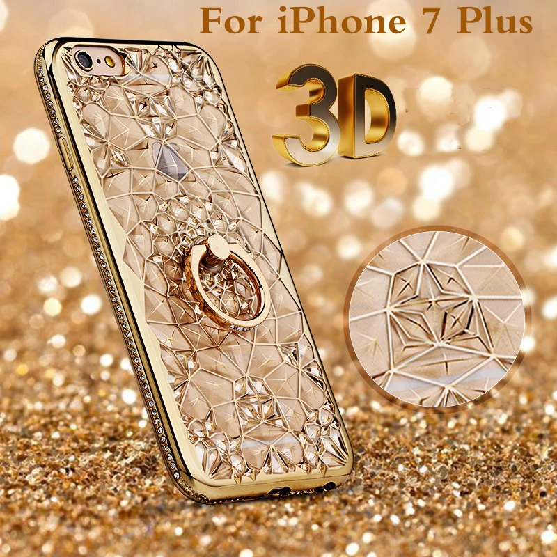 

Luxury 3D Crystal Flower 24K Gold plating Phone Case for iPhone 7 plus Diamond Ring holder soft TPU Shockproof Cover for 7plus