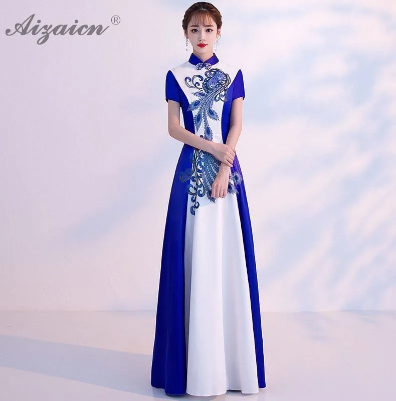 Новинка весны сине белые Cheongsam элегантное платье для женщин Традиционный китайский костюмы Qipao Chinoise длинное вечерние платья